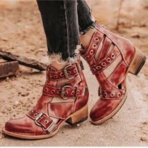 Freebird by Steven Red Multi-Buckle Ankle Boots